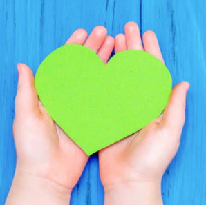 Hands holding a green heart