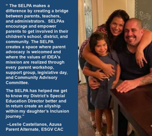 Picture of a family next to their statement about how their SELPA has helped them